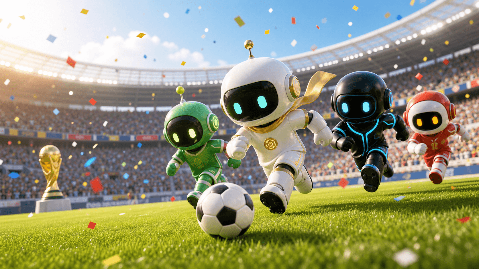 AI footballers racing across a bright stadium pitch